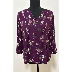 Monday Fun Women’s Large Purple Floral Blouse 3/4 Sleeve Henley Rayon Top